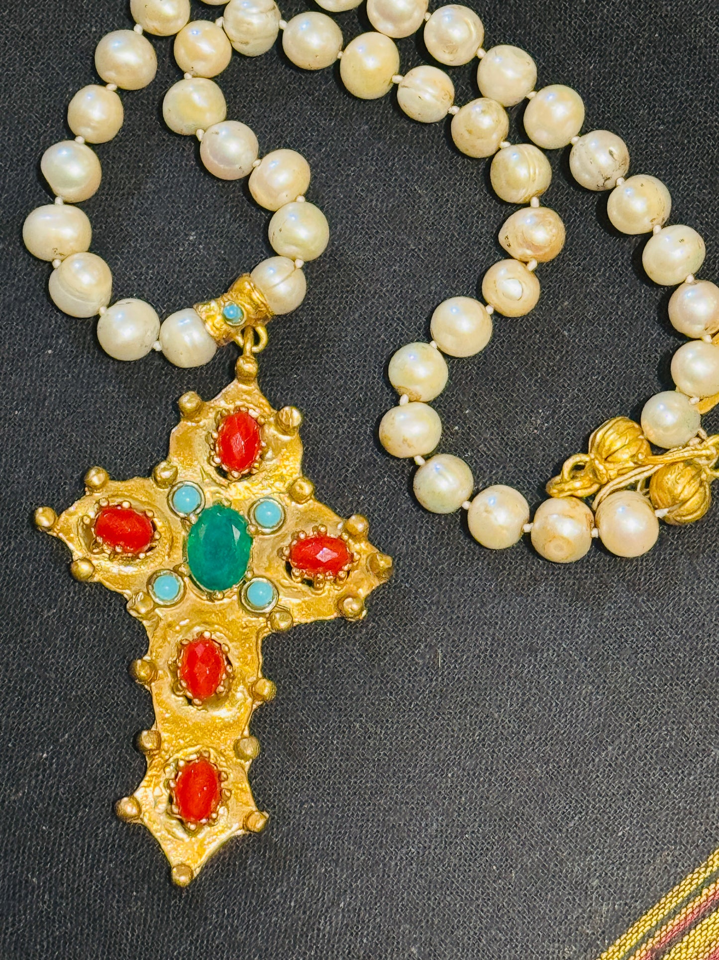 GEM ENCRUSTED BYZANTINE CROSS HAND KNOTTED PEARLS NECKLACE