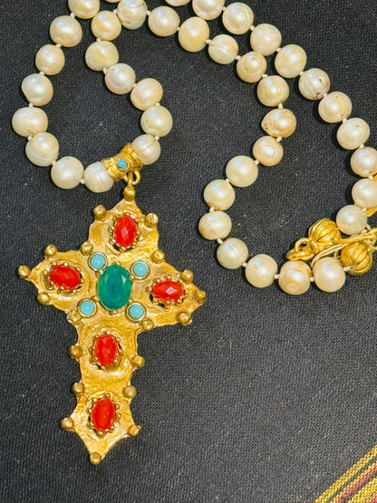 GEM ENCRUSTED BYZANTINE CROSS HAND KNOTTED PEARLS NECKLACE