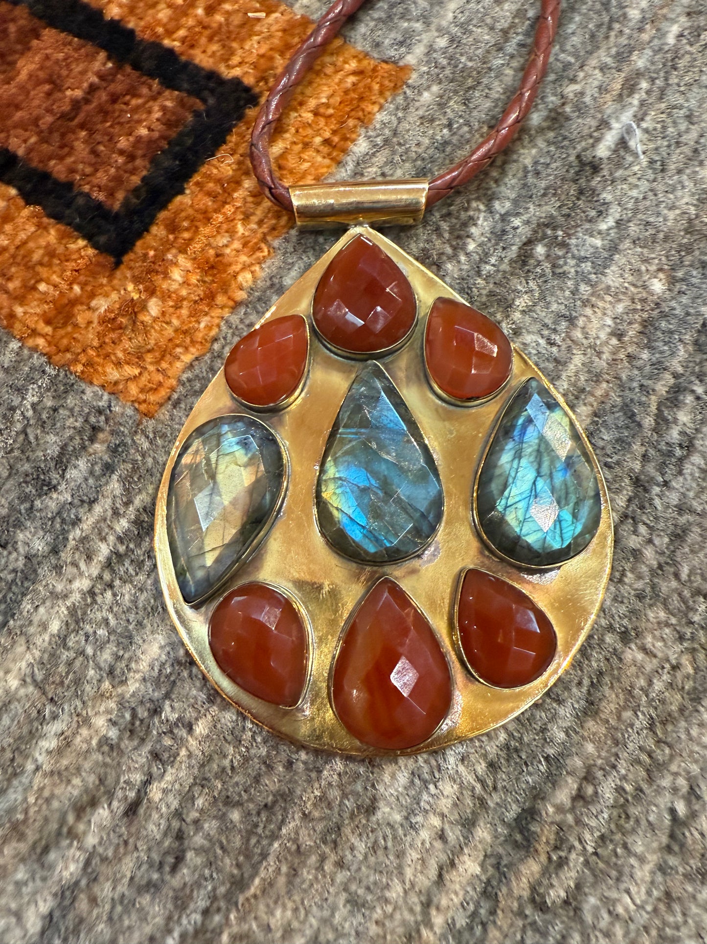 BIG BRASS TEARDROP GEMSTONE PENDANT NECKLACE