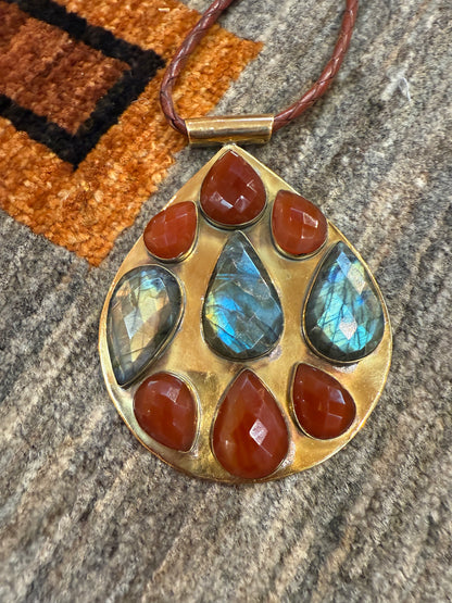 BIG BRASS TEARDROP GEMSTONE PENDANT NECKLACE