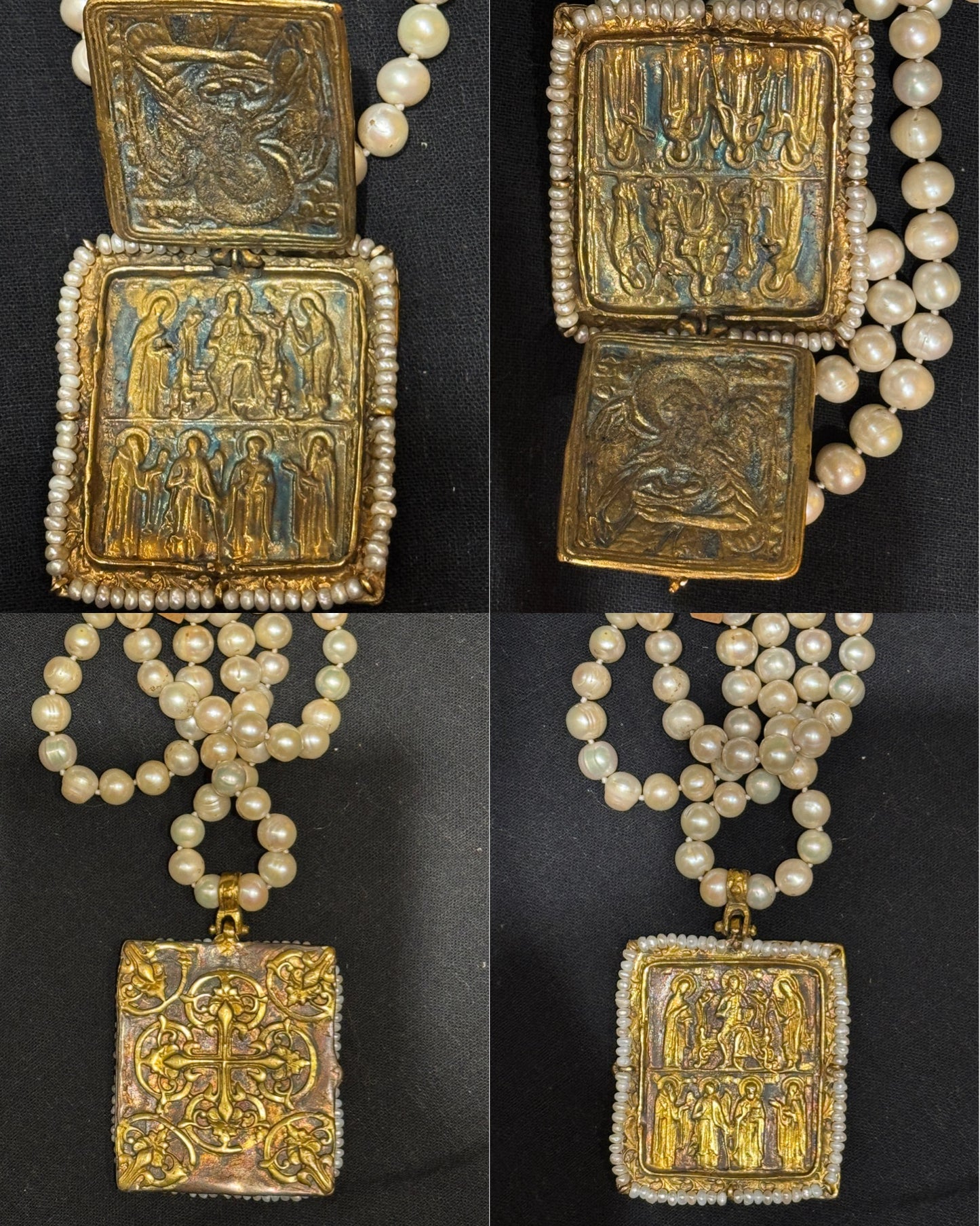 BYZANTINE SAINTS AND ANGELS FLORENTINE CROSS TABLEAU PENDANT PEARL NECKLACE