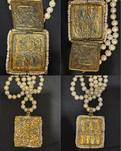 BYZANTINE SAINTS AND ANGELS FLORENTINE CROSS TABLEAU PENDANT PEARL NECKLACE