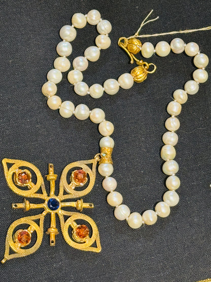 GEM ENCRUSTED BYZANTINE CROSS HAND KNOTTED PEARLS NECKLACE