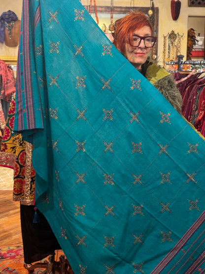MASTERPIECE TEAL HAND-LOOMED SOOF WOOL SHAWL