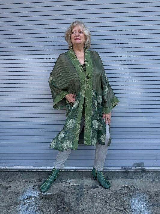 A SWEEP OF SAGE LONG RUBY KIMONO