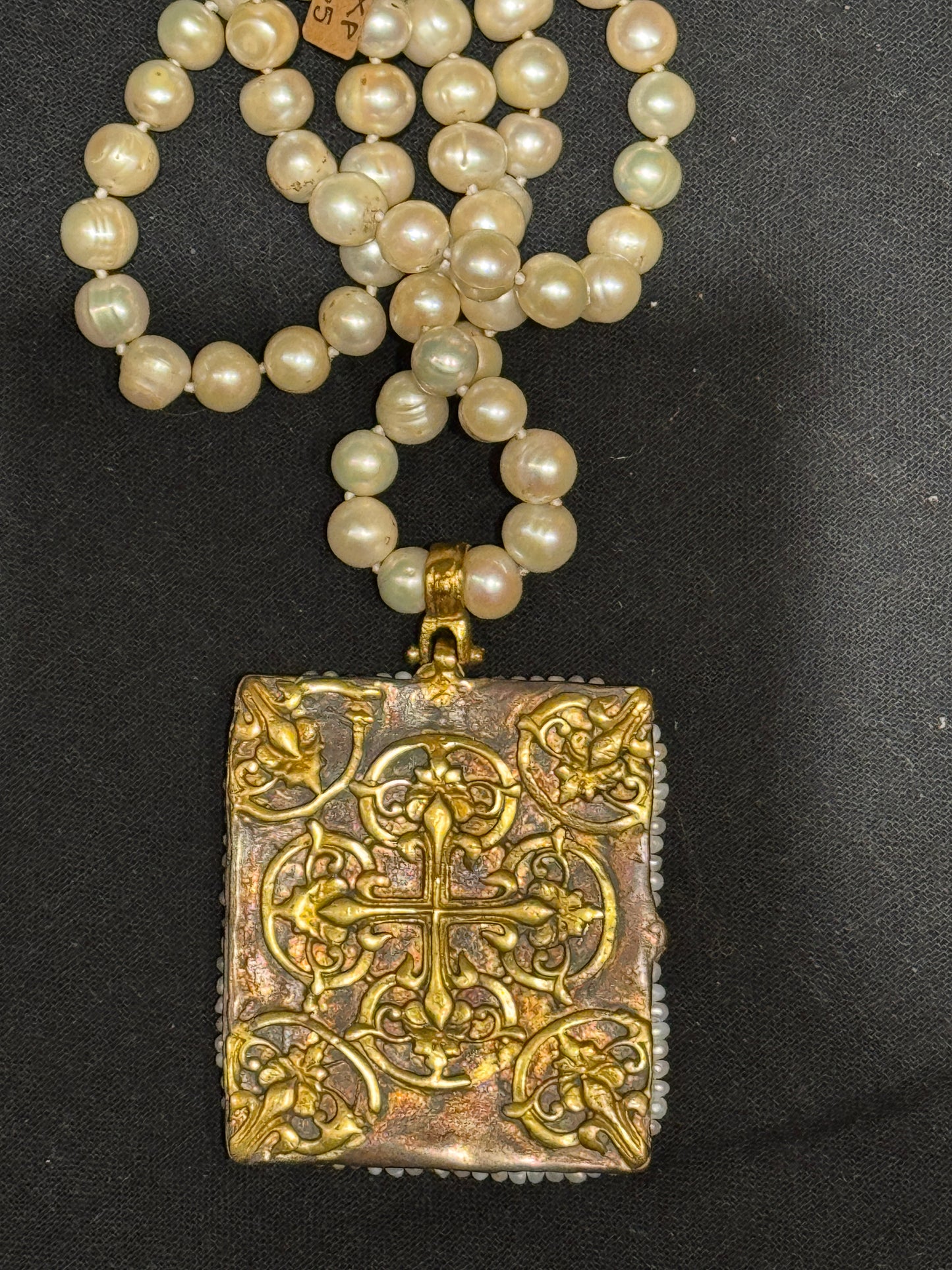 BYZANTINE SAINTS AND ANGELS FLORENTINE CROSS TABLEAU PENDANT PEARL NECKLACE