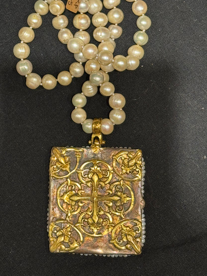 BYZANTINE SAINTS AND ANGELS FLORENTINE CROSS TABLEAU PENDANT PEARL NECKLACE