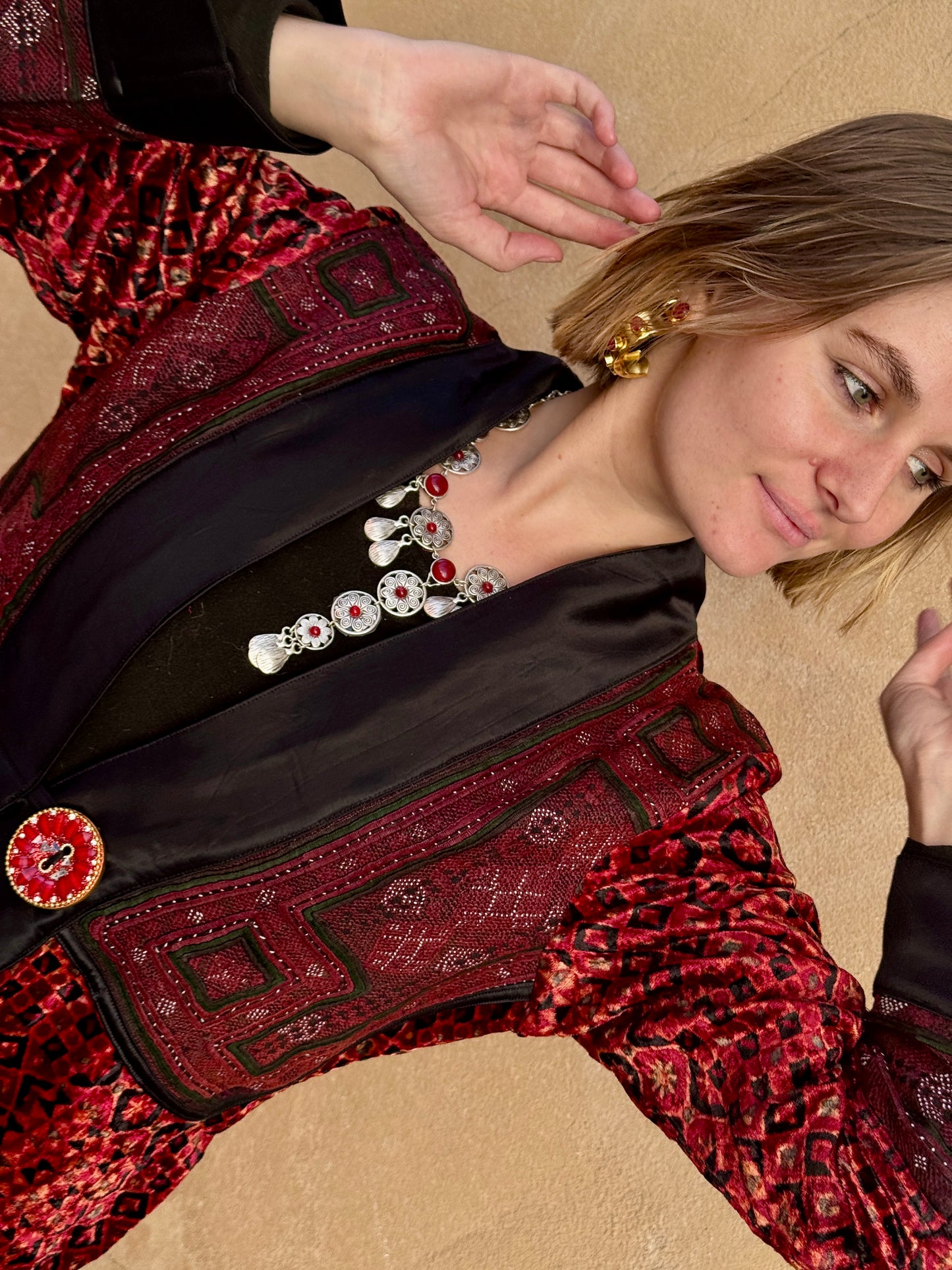 LUXE VELVET RED HAND EMBROIDERED SWING COAT