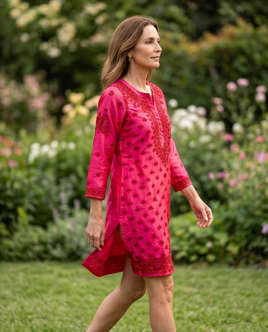 SPICY CINNAMON EMBROIDERED ELECTRIC PINK PAPAYA SILK KURTI