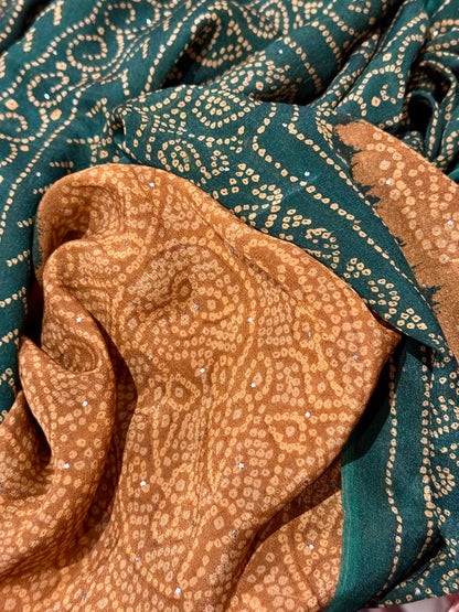 GREEN AND GOLD SILK SPARKLE BANDHANI SHAWL