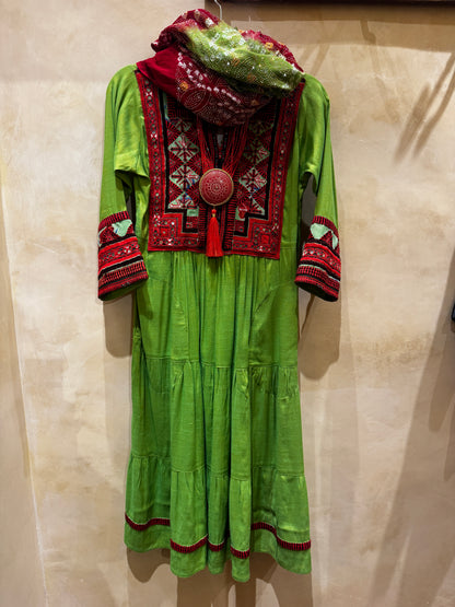 PARROT GREEN AFGHAN EMBROIDERED DRESS  SERRAHNA