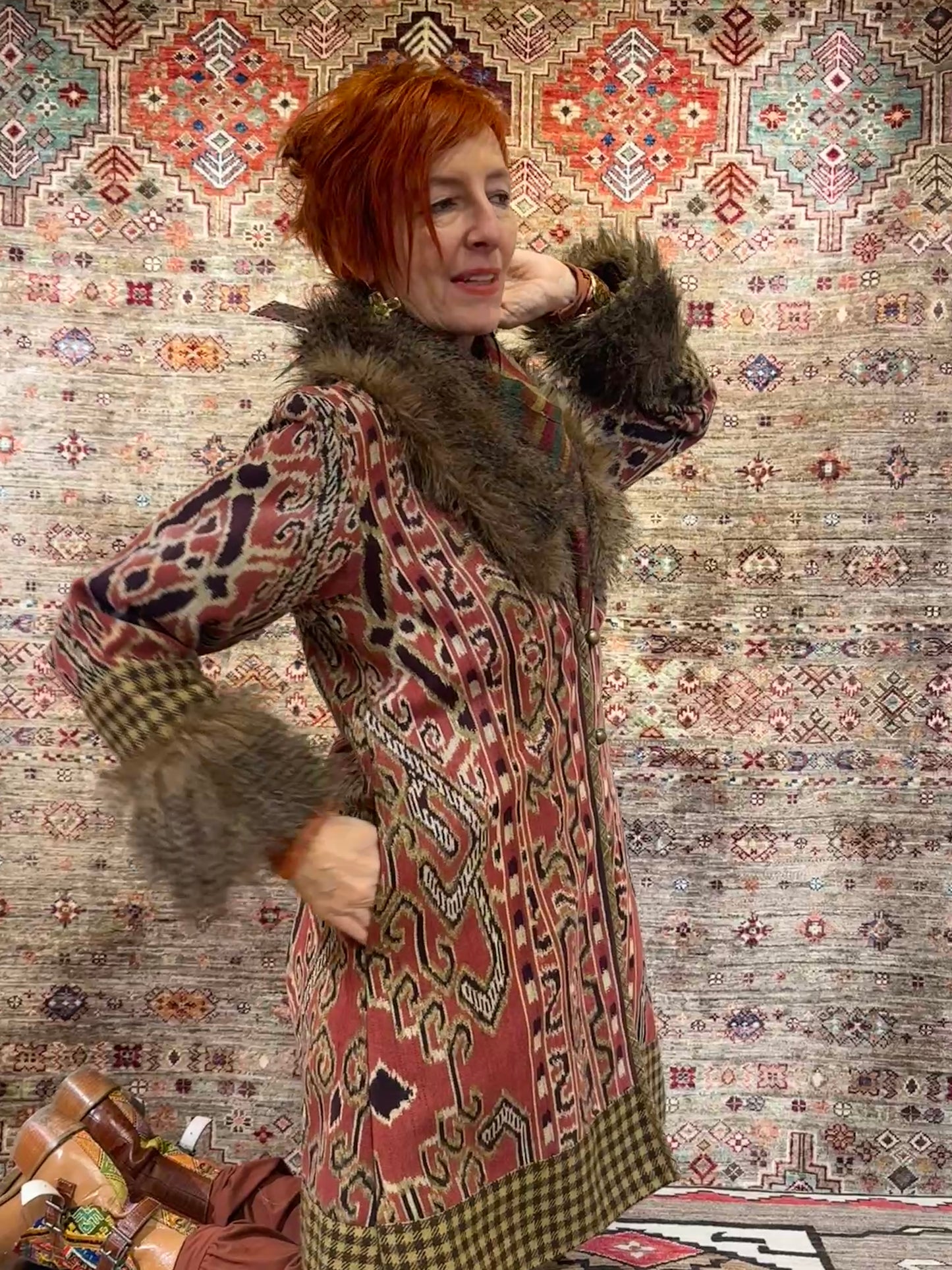 IKAT FAUX FUR HOUNDS TOOTH COAT