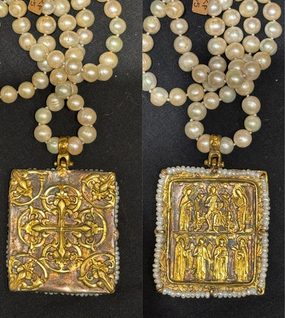 BYZANTINE SAINTS AND ANGELS FLORENTINE CROSS TABLEAU PENDANT PEARL NECKLACE