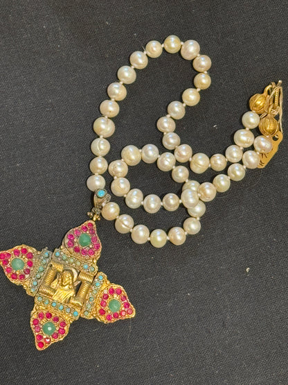 GEM ENCRUSTED BYZANTINE CROSS HAND KNOTTED PEARLS NECKLACE
