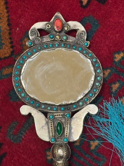 ANTIQUE SILVER GEMSTONE HAND MIRROR