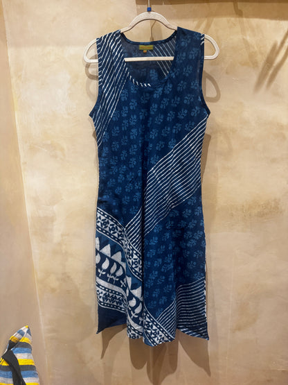 BIAS CUT INDIGO HAND PRINT SLIP DRESS