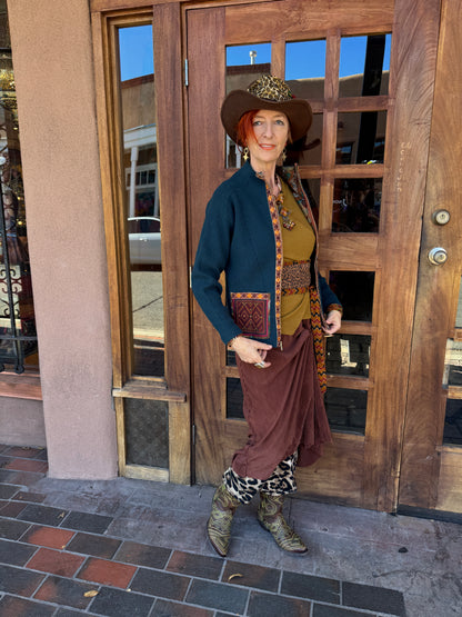 TEAL TRIBAL TRIMMED ZIP CARDIGAN