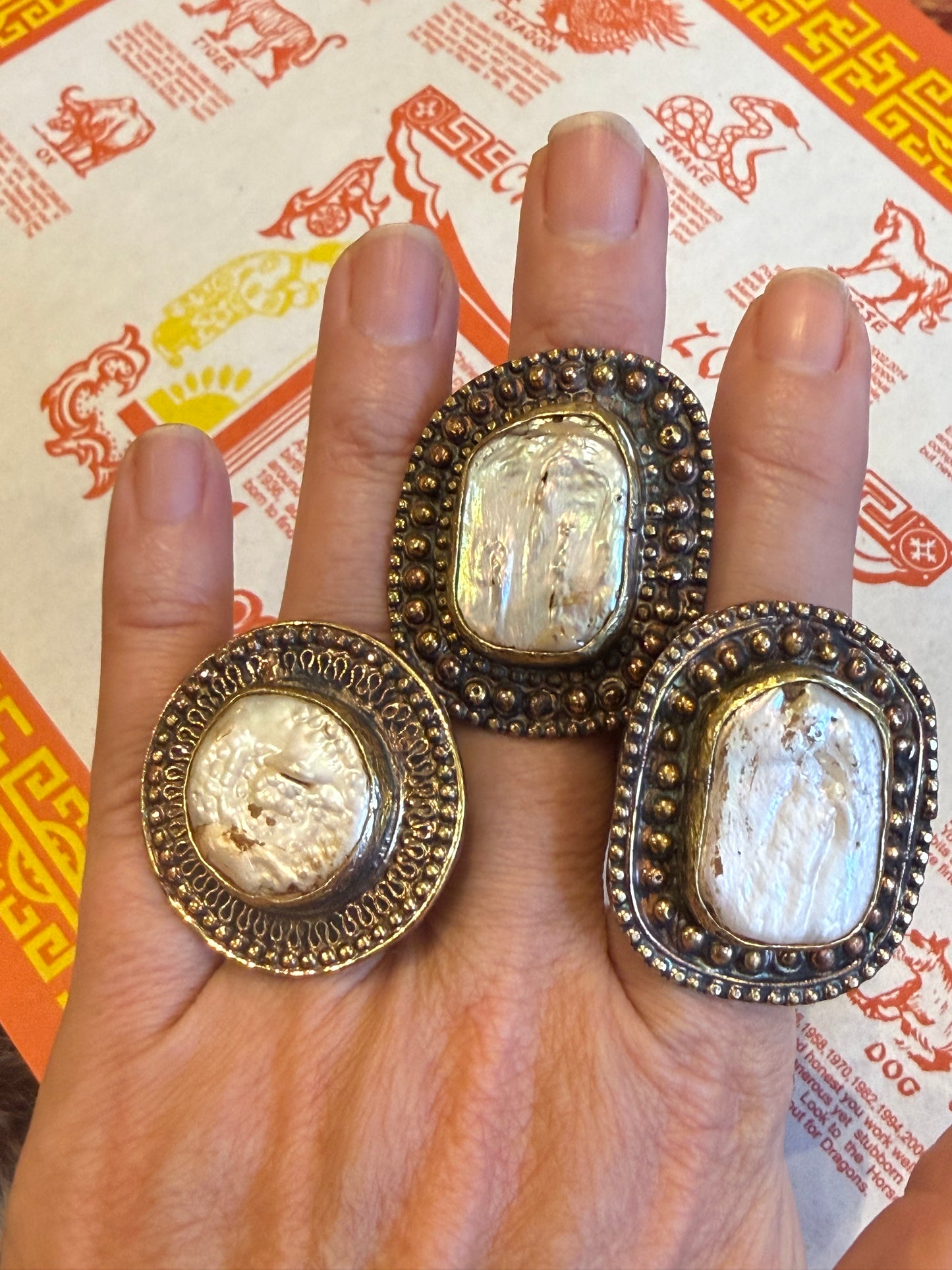 BIG BRASS BLISTER PEARL RINGS