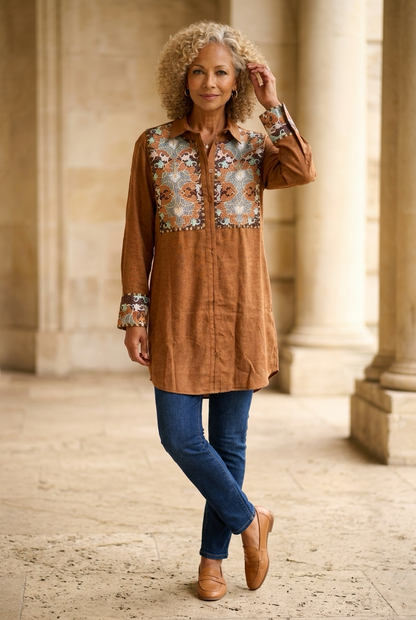 UPCYCLED EMBROIDERED COS CAMEL COAT