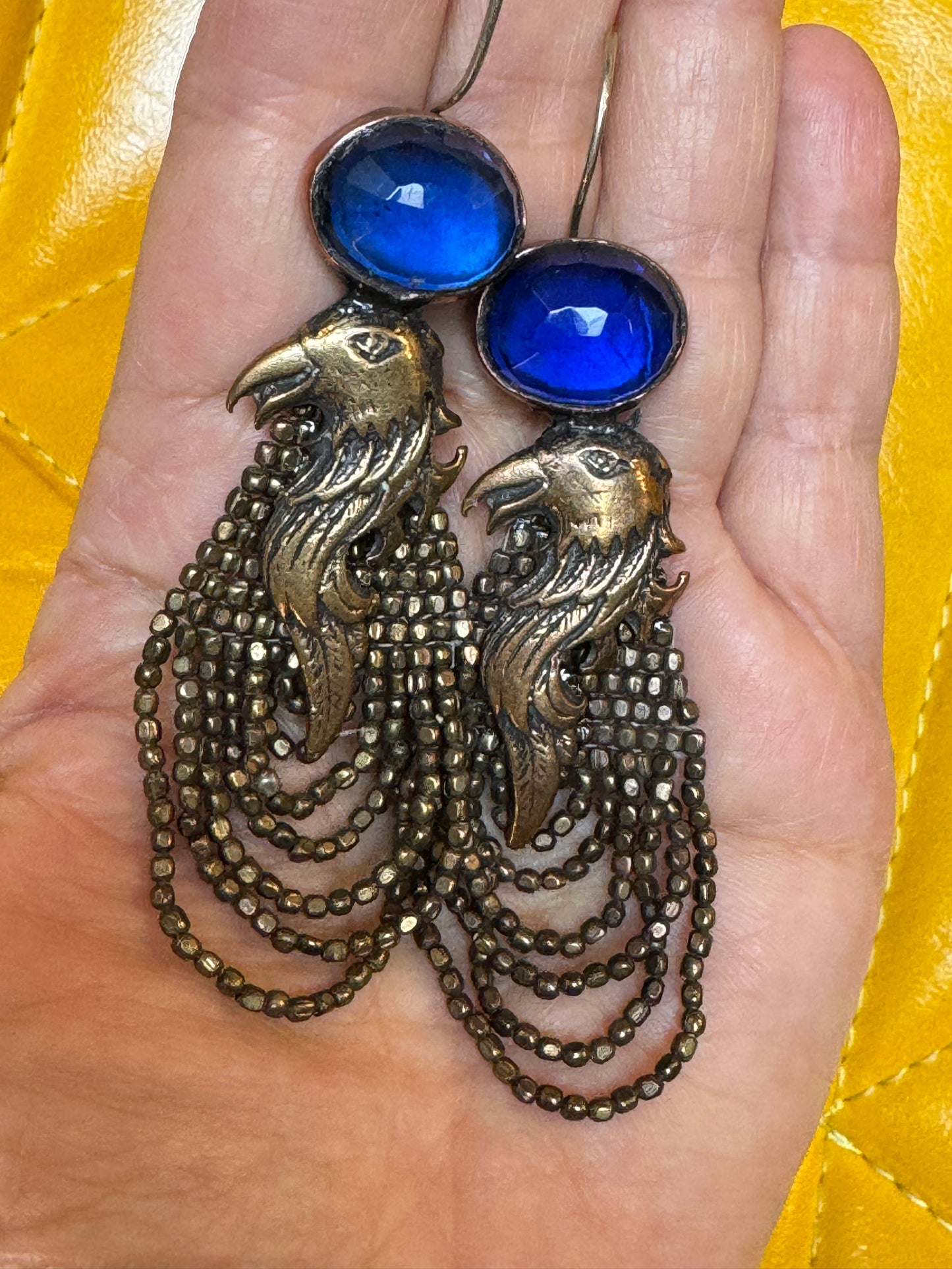 BEADED BRASS BLUE BIRDS