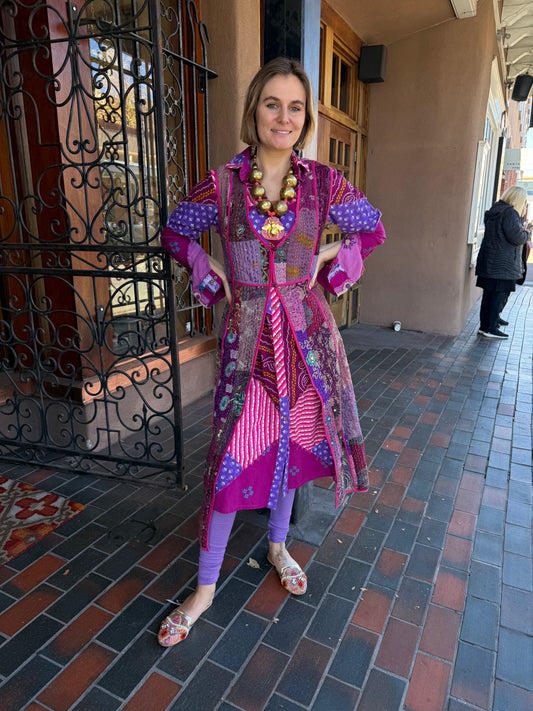 LONG PATCHWORK VEST IN PLUM AND PINK