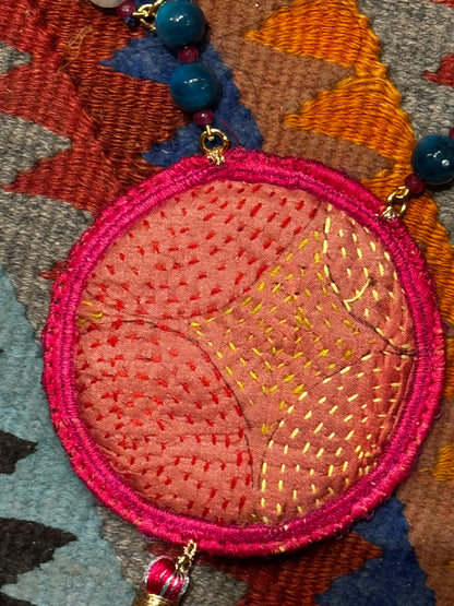 BLUE CRYSTAL BLING PATCH TASSEL NECKLACE