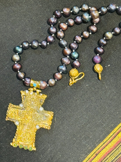 GEM ENCRUSTED BYZANTINE CROSS HAND KNOTTED PEARLS NECKLACE