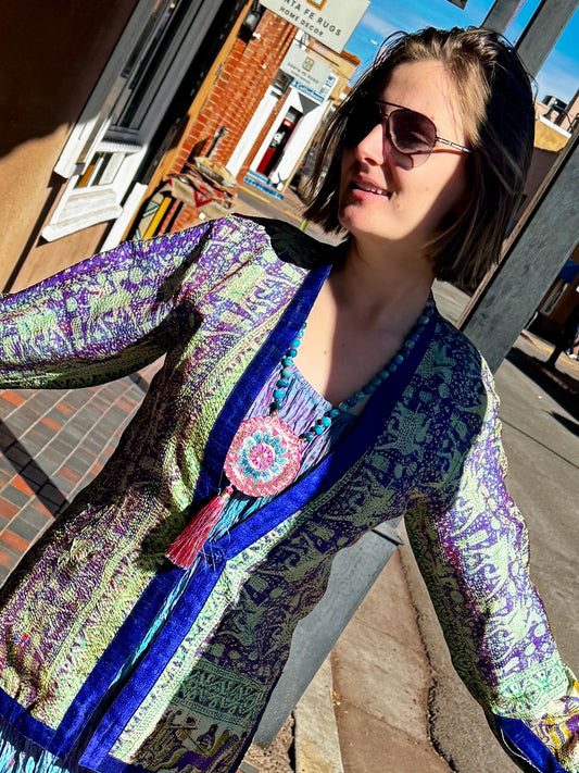 BLUE CRYSTAL BLING PATCH TASSEL NECKLACE