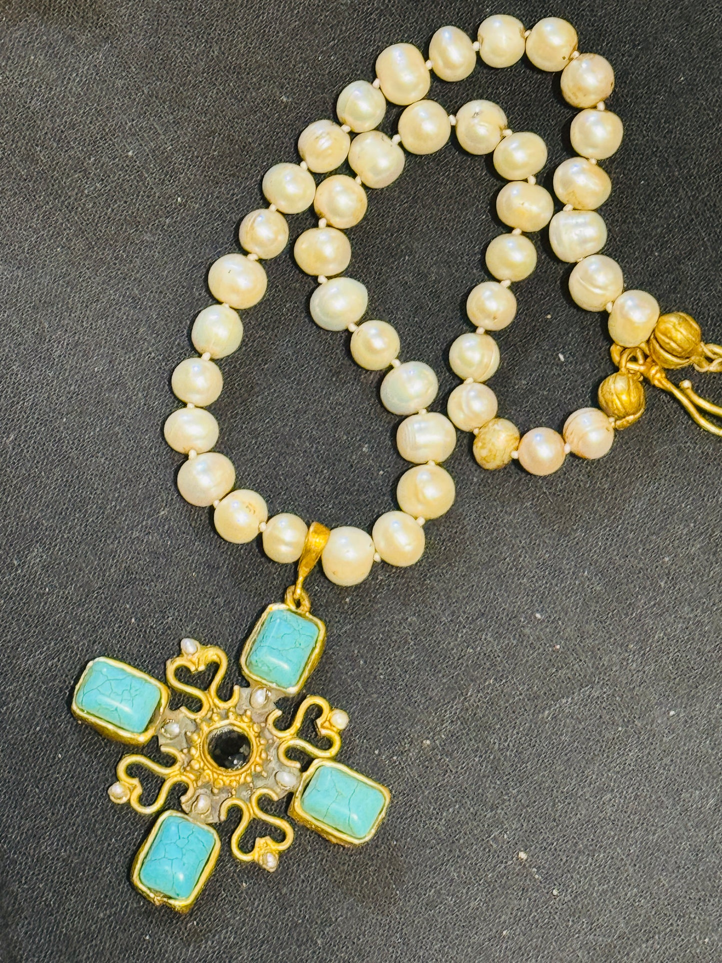 GEM ENCRUSTED BYZANTINE CROSS HAND KNOTTED PEARLS NECKLACE