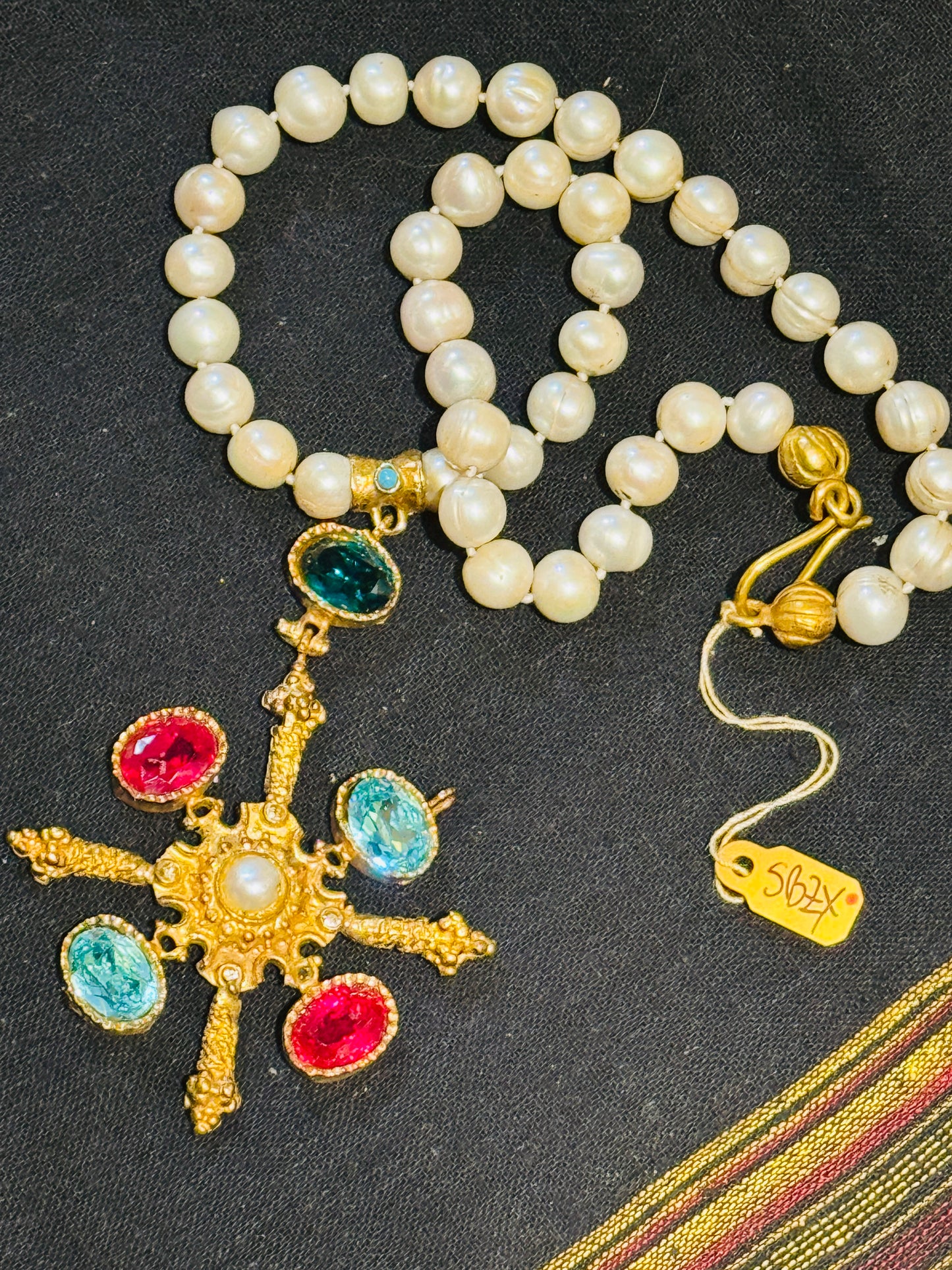 GEM ENCRUSTED BYZANTINE CROSS HAND KNOTTED PEARLS NECKLACE