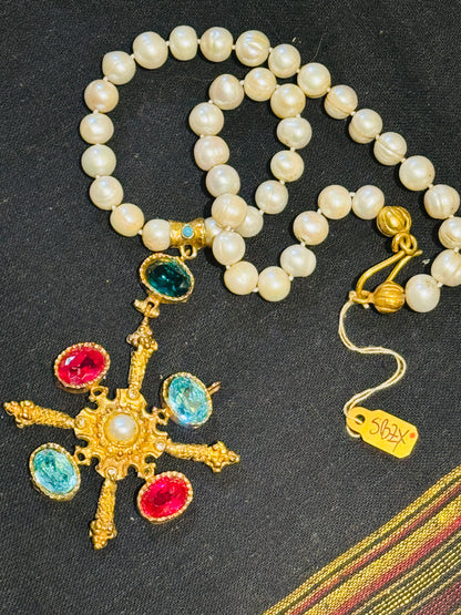GEM ENCRUSTED BYZANTINE CROSS HAND KNOTTED PEARLS NECKLACE