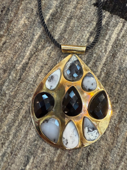 BIG BRASS TEARDROP GEMSTONE PENDANT NECKLACE