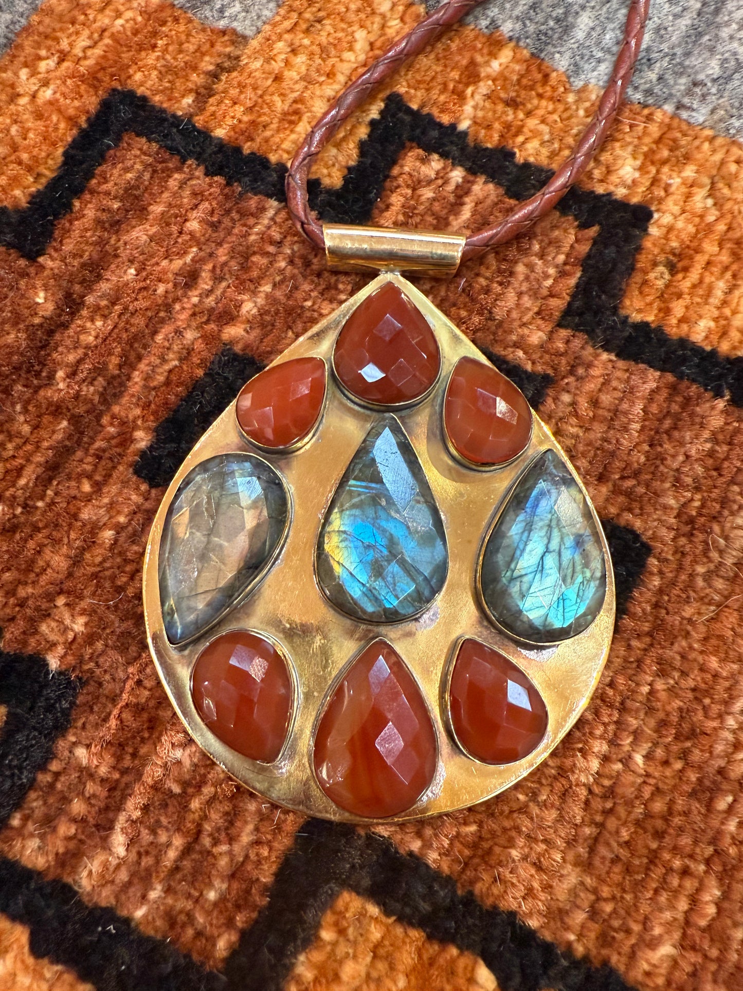 BIG BRASS TEARDROP GEMSTONE PENDANT NECKLACE