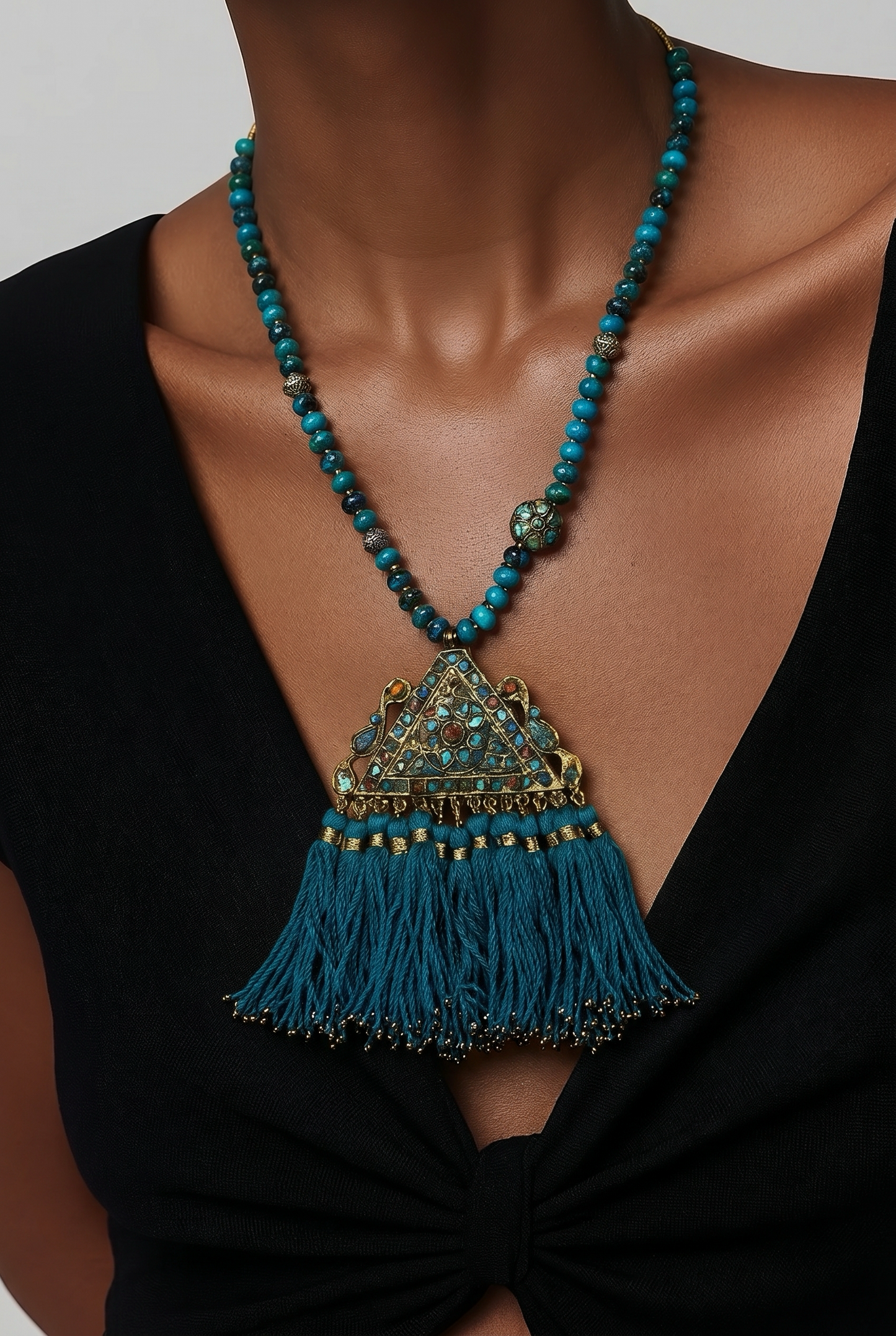 TEAL TURQ TRIANGLE TASSEL VTG MOSAIC PEND NECK