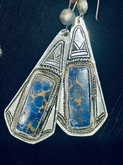 BLUE LEOPARD JASPER ETCHED SILVER EARRINGS