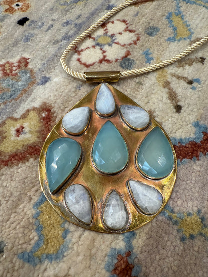 BIG BRASS TEARDROP GEMSTONE PENDANT NECKLACE