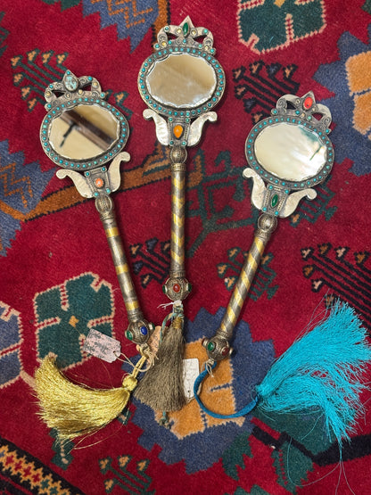 ANTIQUE SILVER GEMSTONE HAND MIRROR