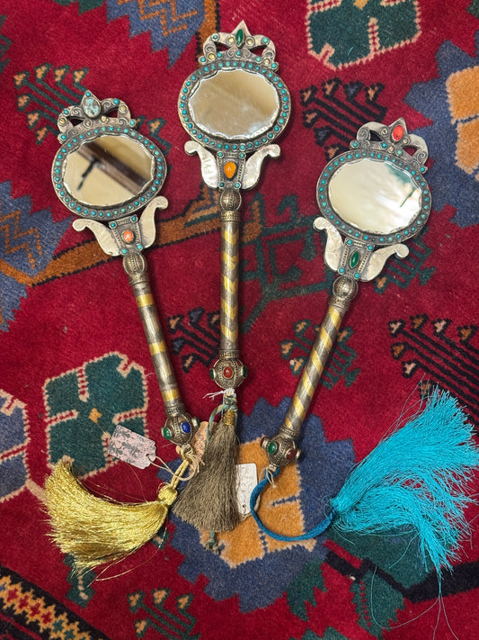 ANTIQUE SILVER GEMSTONE HAND MIRROR