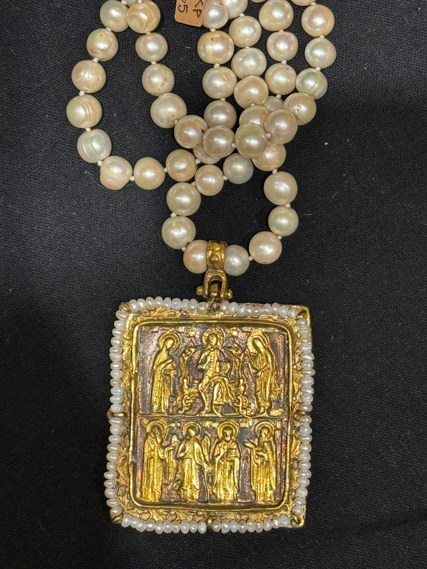 BYZANTINE SAINTS AND ANGELS FLORENTINE CROSS TABLEAU PENDANT PEARL NECKLACE
