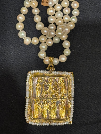 BYZANTINE SAINTS AND ANGELS FLORENTINE CROSS TABLEAU PENDANT PEARL NECKLACE