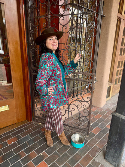 WINE & TEAL ROSES  EMBROIDERED SWING JACKET