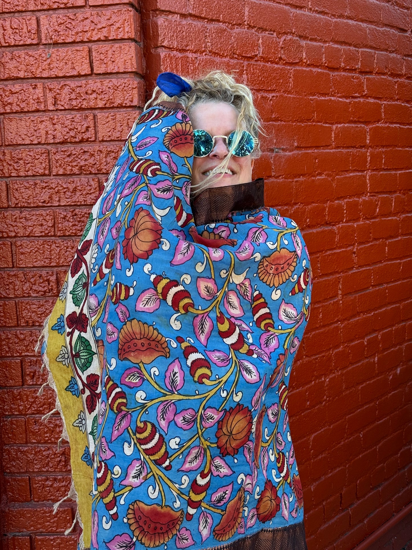 CORNFLOWER KALAMKARI FLORAL SHAWL