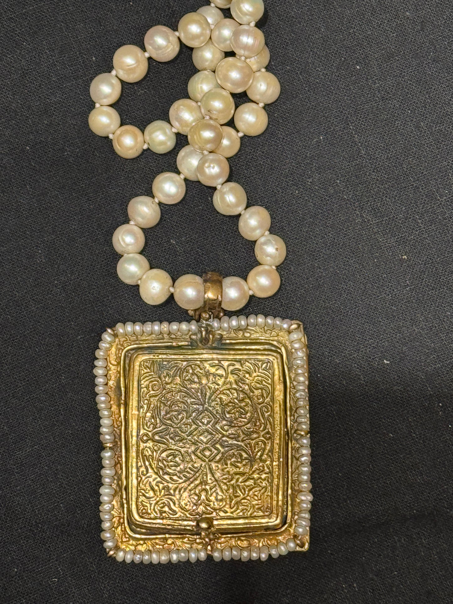 BYZANTINE SAINTS AND ANGELS FLORENTINE CROSS TABLEAU PENDANT PEARL NECKLACE