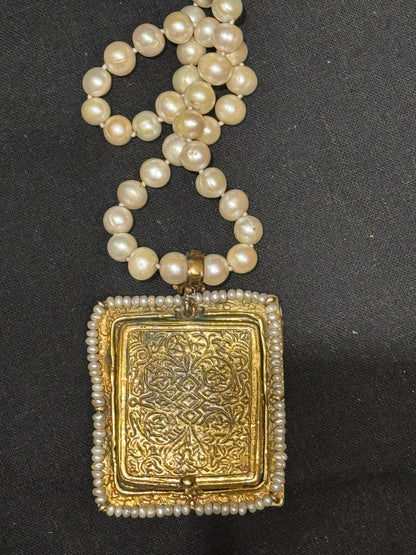 BYZANTINE SAINTS AND ANGELS FLORENTINE CROSS TABLEAU PENDANT PEARL NECKLACE