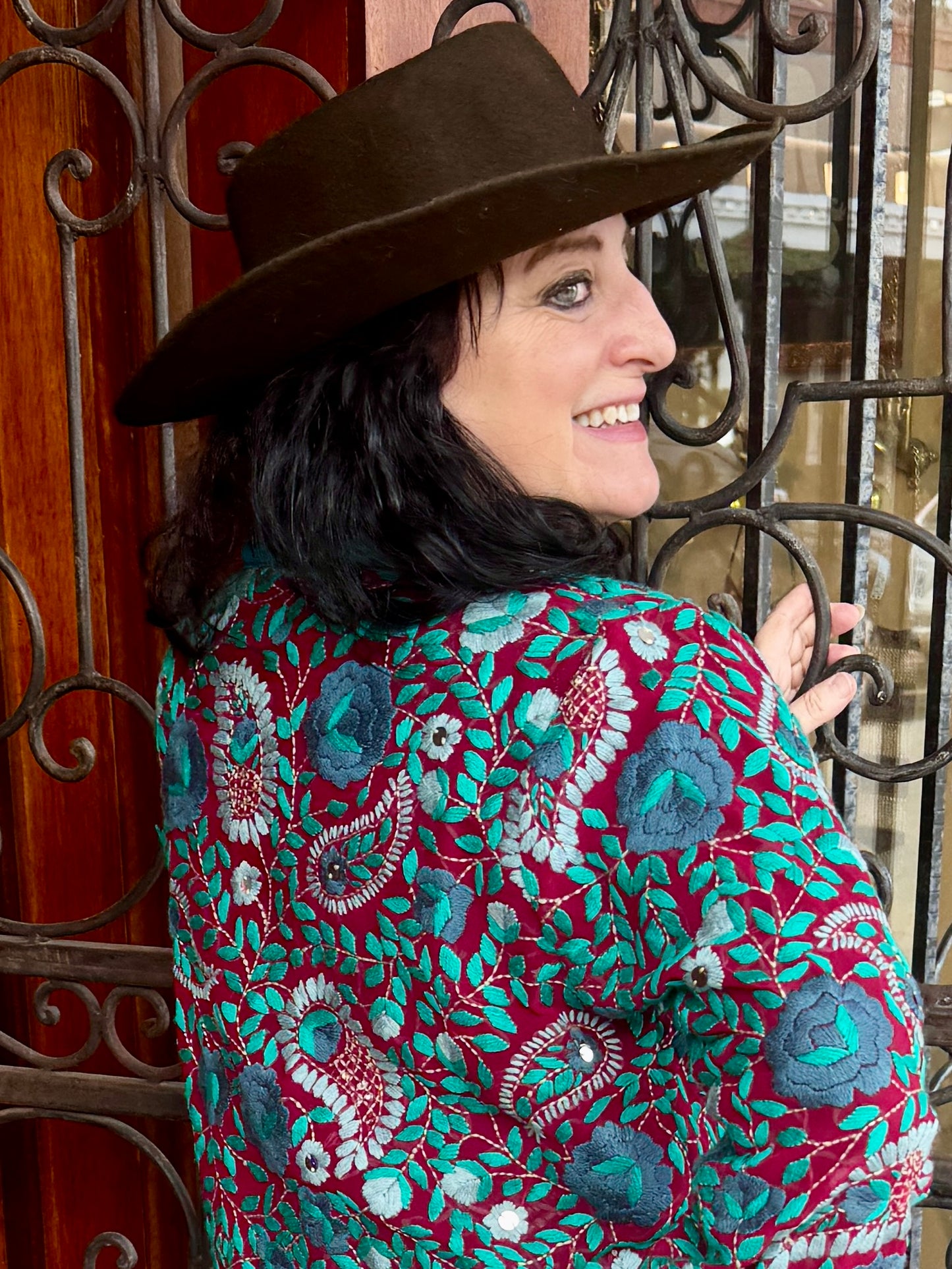 WINE & TEAL ROSES  EMBROIDERED SWING JACKET