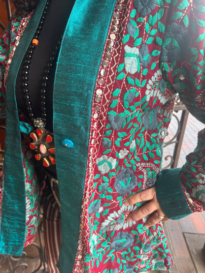 WINE & TEAL ROSES  EMBROIDERED SWING JACKET