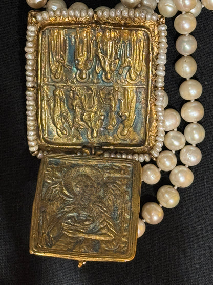 BYZANTINE SAINTS AND ANGELS FLORENTINE CROSS TABLEAU PENDANT PEARL NECKLACE