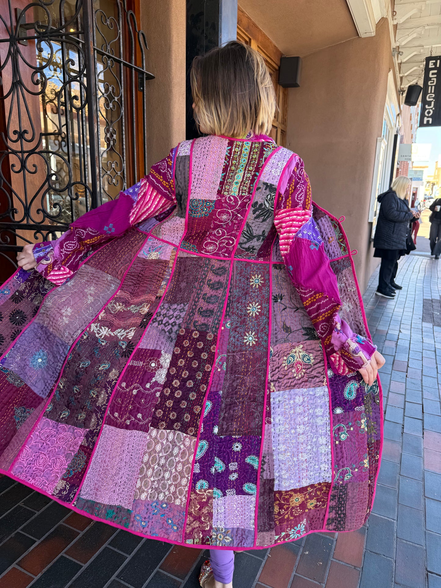 LONG PATCHWORK VEST IN PLUM AND PINK