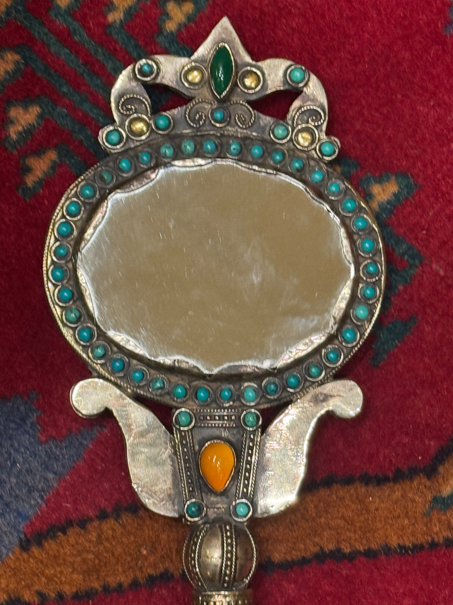 ANTIQUE SILVER GEMSTONE HAND MIRROR