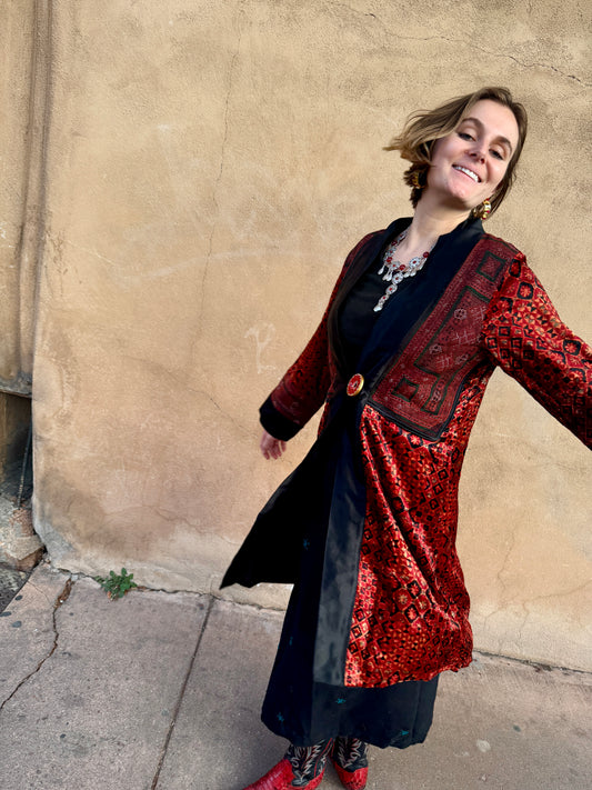 LUXE VELVET RED HAND EMBROIDERED SWING COAT